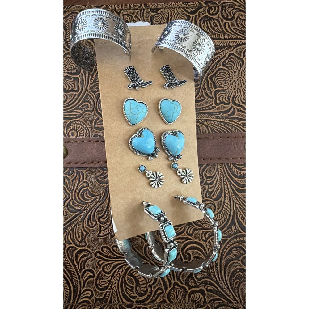 6 Pairs Boho Western Stud & Hoop Earrings Silver Tone Faux Blue Turquoise